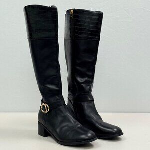Marc Fisher Wide Calf Riding Boots Black Leather Womens Size 9W Knee High